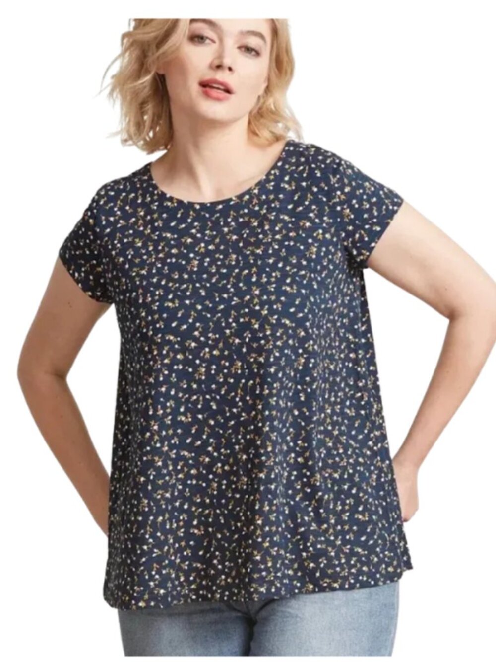 NEW Ellos Navy Floral Tee Shirt Plus Medium